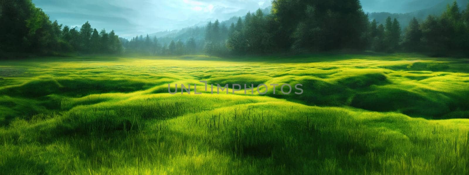 Green field, tree and blue sky.Great as a background,web banner. Generative AI. by Benzoix