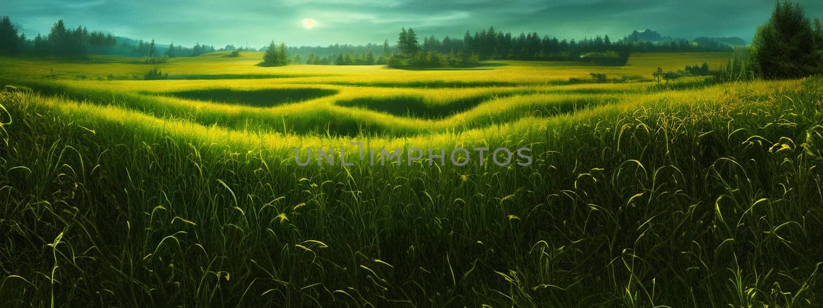 Green field, tree and blue sky.Great as a background,web banner. Generative AI