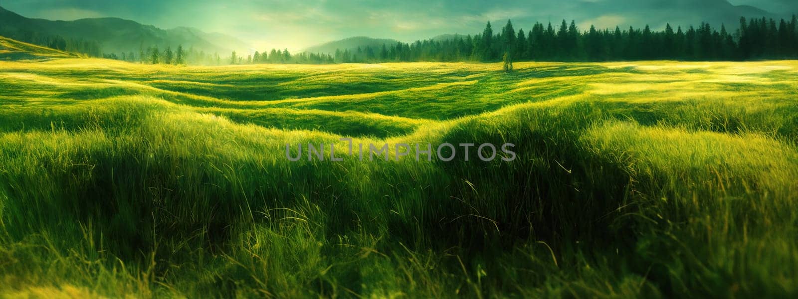 Green field, tree and blue sky.Great as a background,web banner. Generative AI. by Benzoix