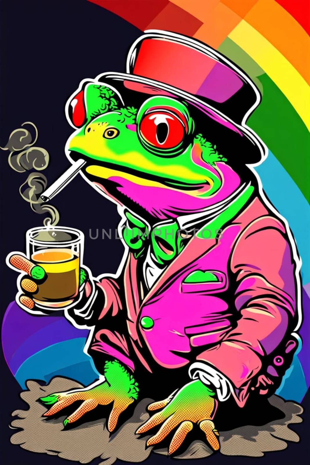 elegant southern cool frog smoking character near a pond at sunset cartoon illustration by verbano