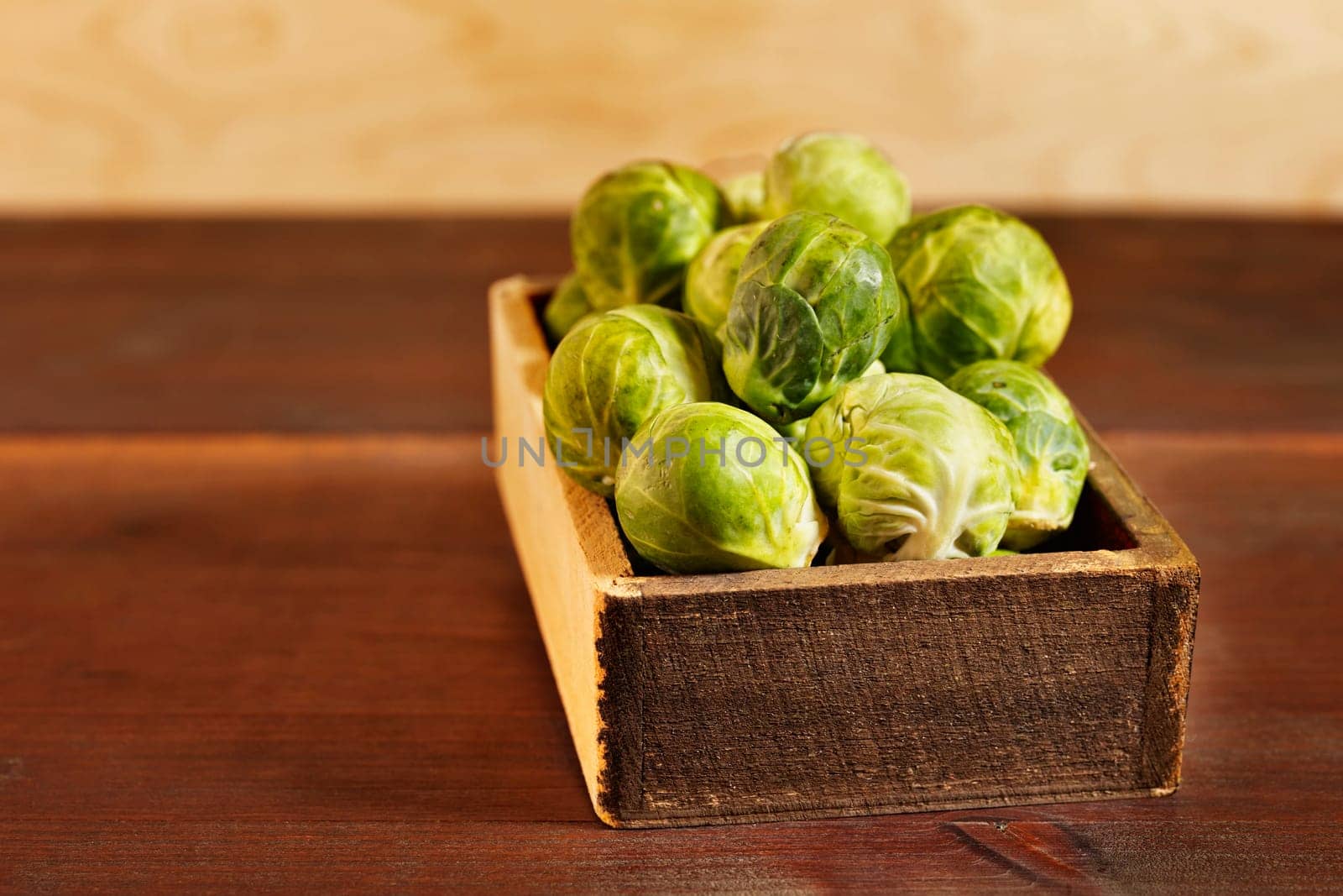  Wooden box with  green Brussel sprouts on table , brassica oleracea