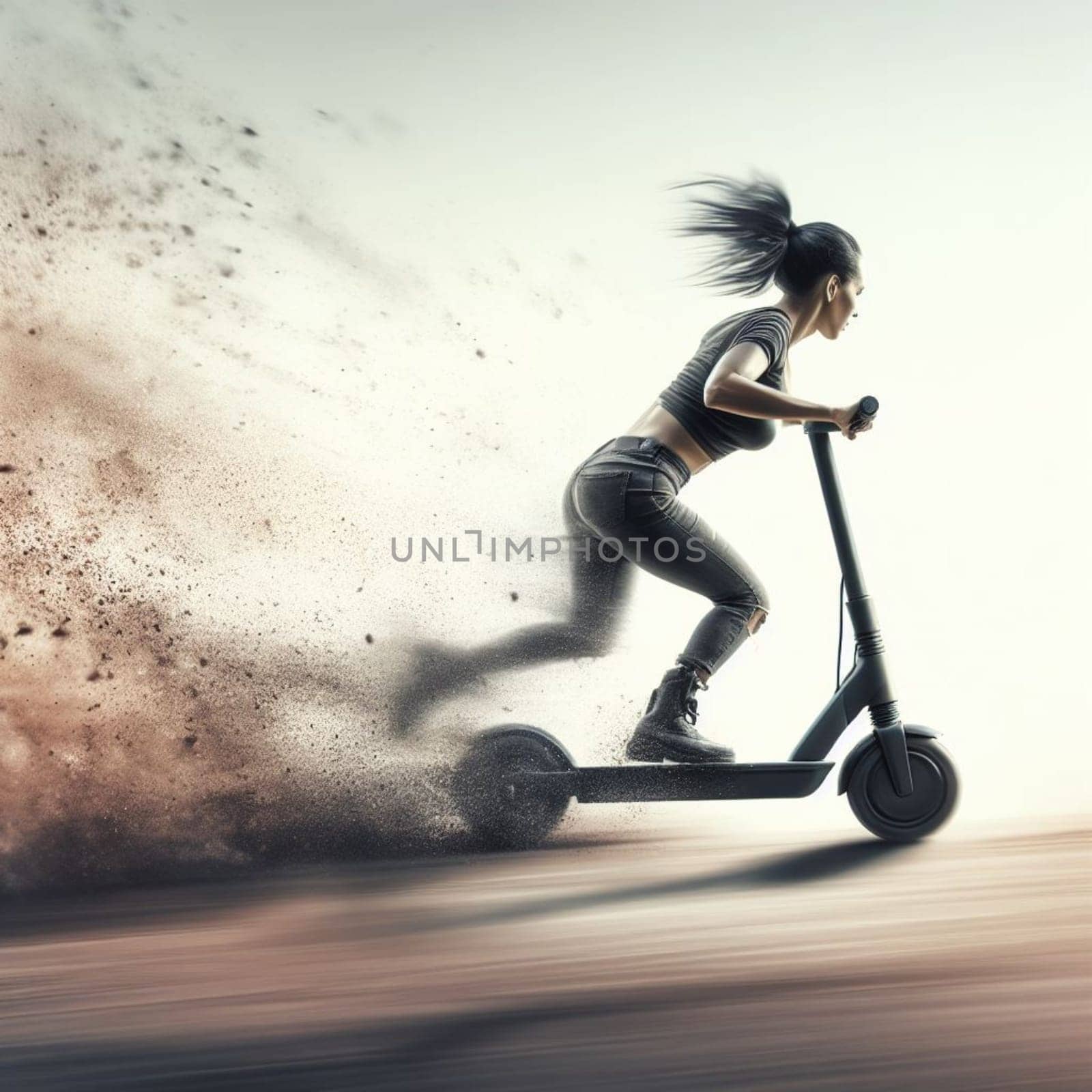 woman fast drive electric scooter jumping slope arriving the city motion blurred generative ai art