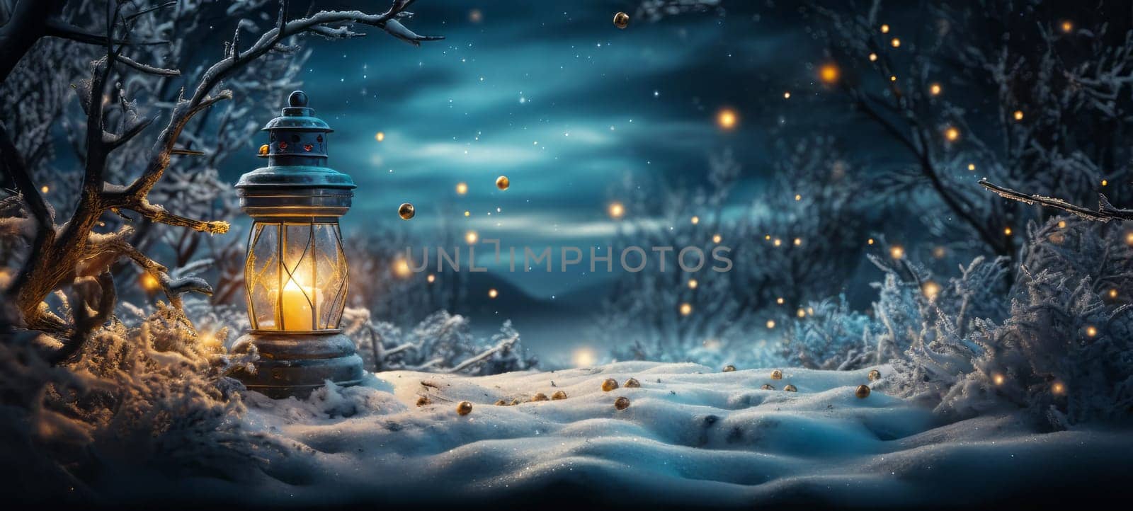 Beautiful winter Christmas background with lantern and place for text.