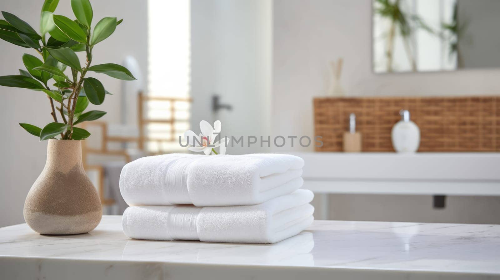 Towels on white marble desk in the foreground and blurred modern bathroom interior design at background. AI