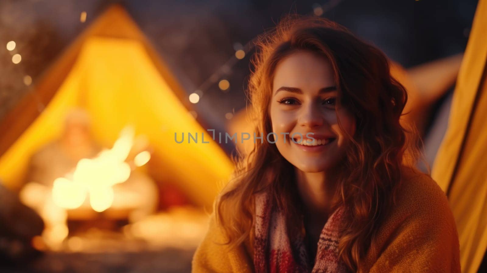 Woman portrait against the background of a yellow tent and a fire on a picnic night. AI