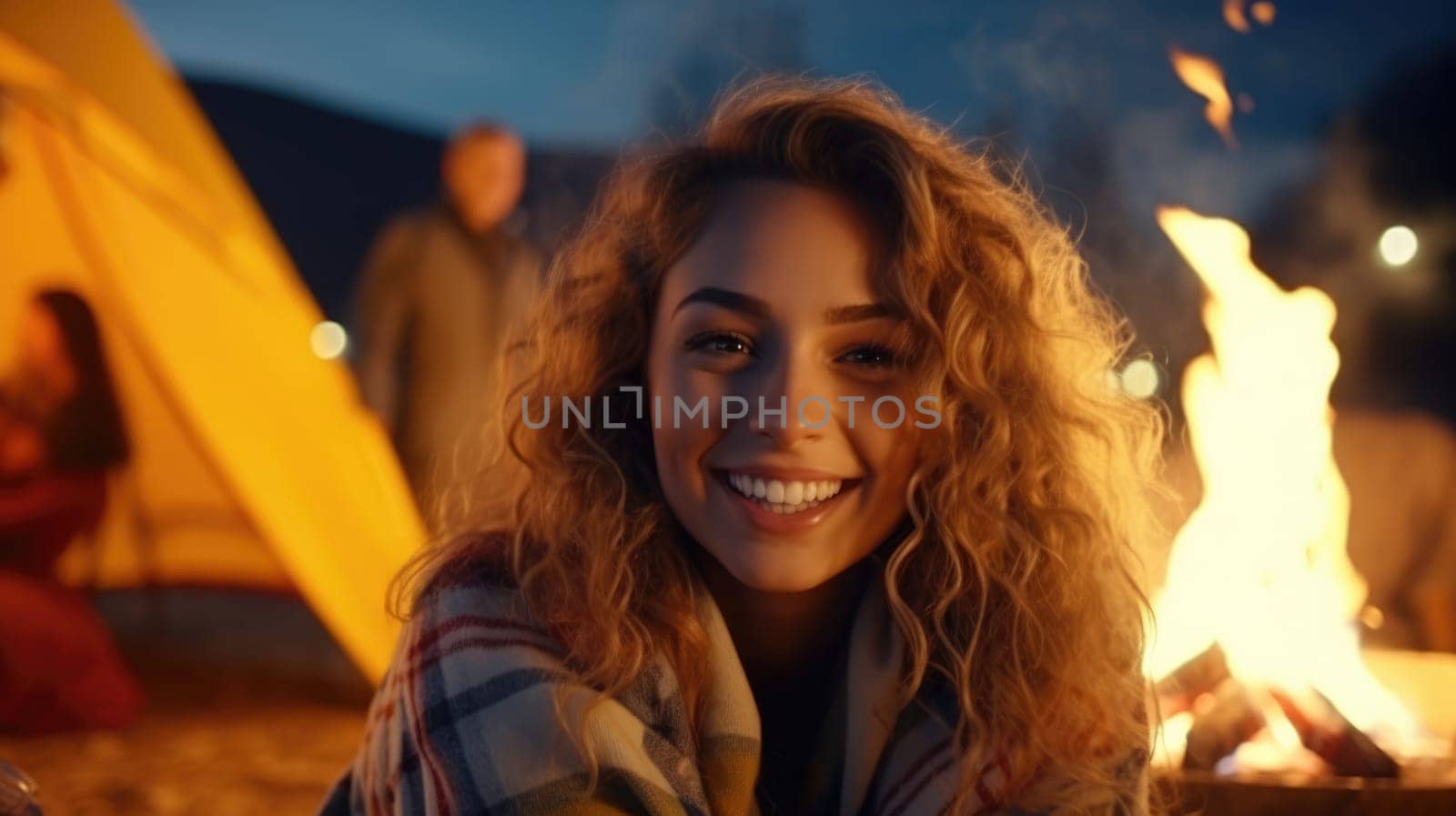 Woman portrait against the background of a yellow tent and a fire on a picnic night. AI