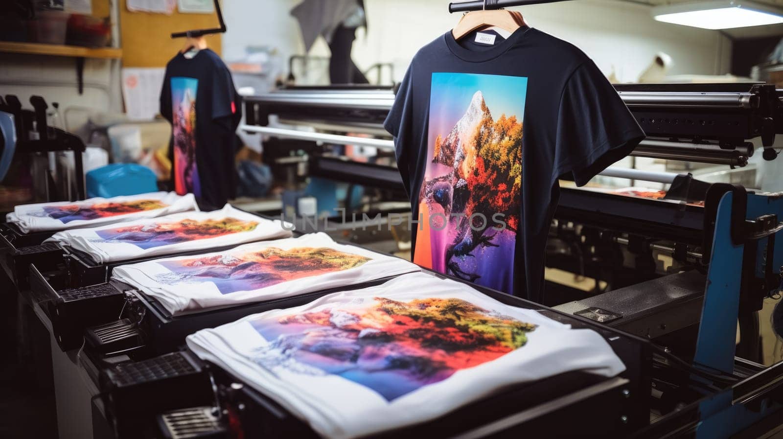 T-Shirt Printing Machine. Innovation shirt and textile printer machine. Production. Printing on fabric. AI