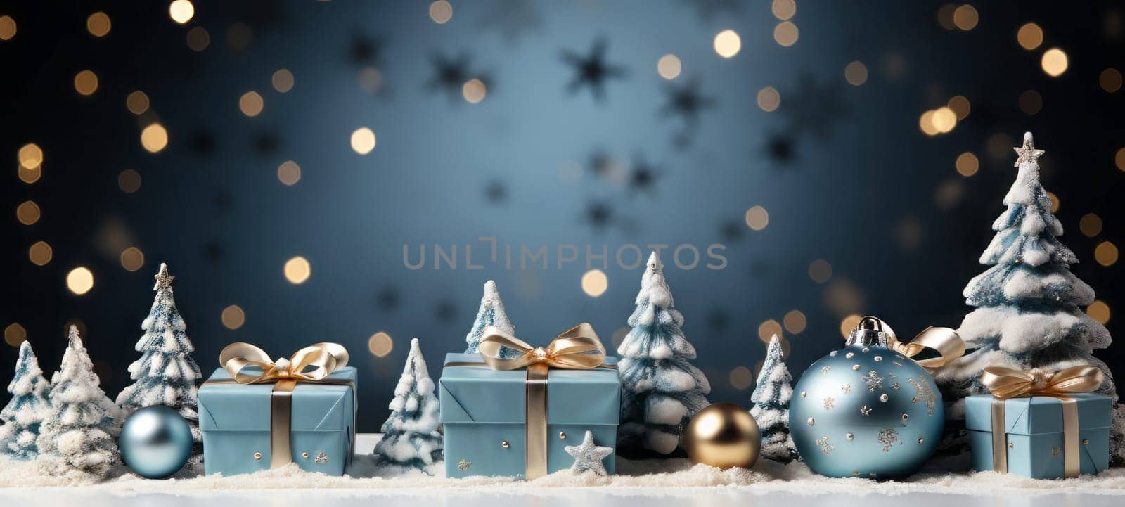 Christmas and New Year background - gift boxes, Christmas trees and toys on a background of bokeh garlands by NataliPopova