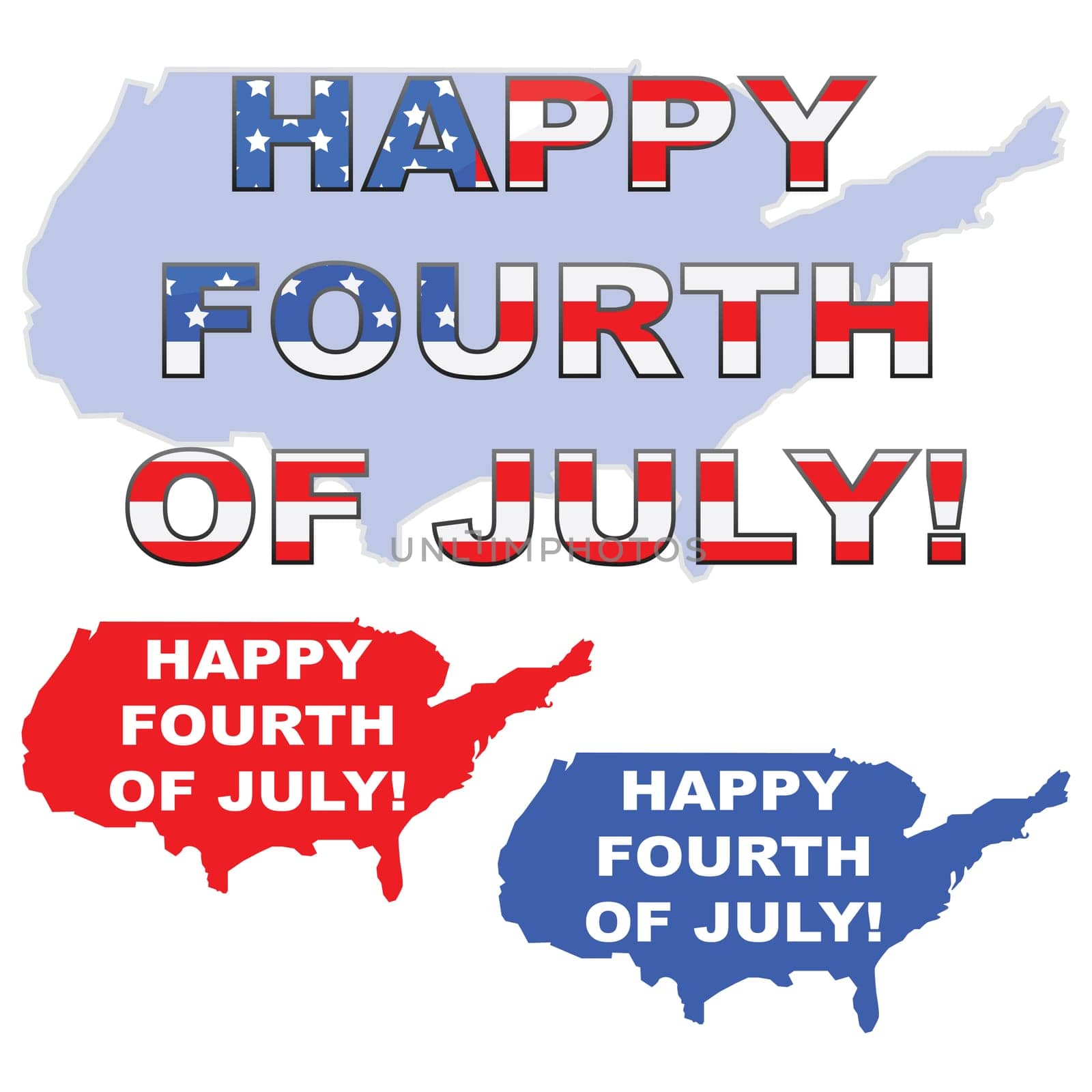 Concept illustration showing the map of the United States with the words "Happy 4th of July"" over it"