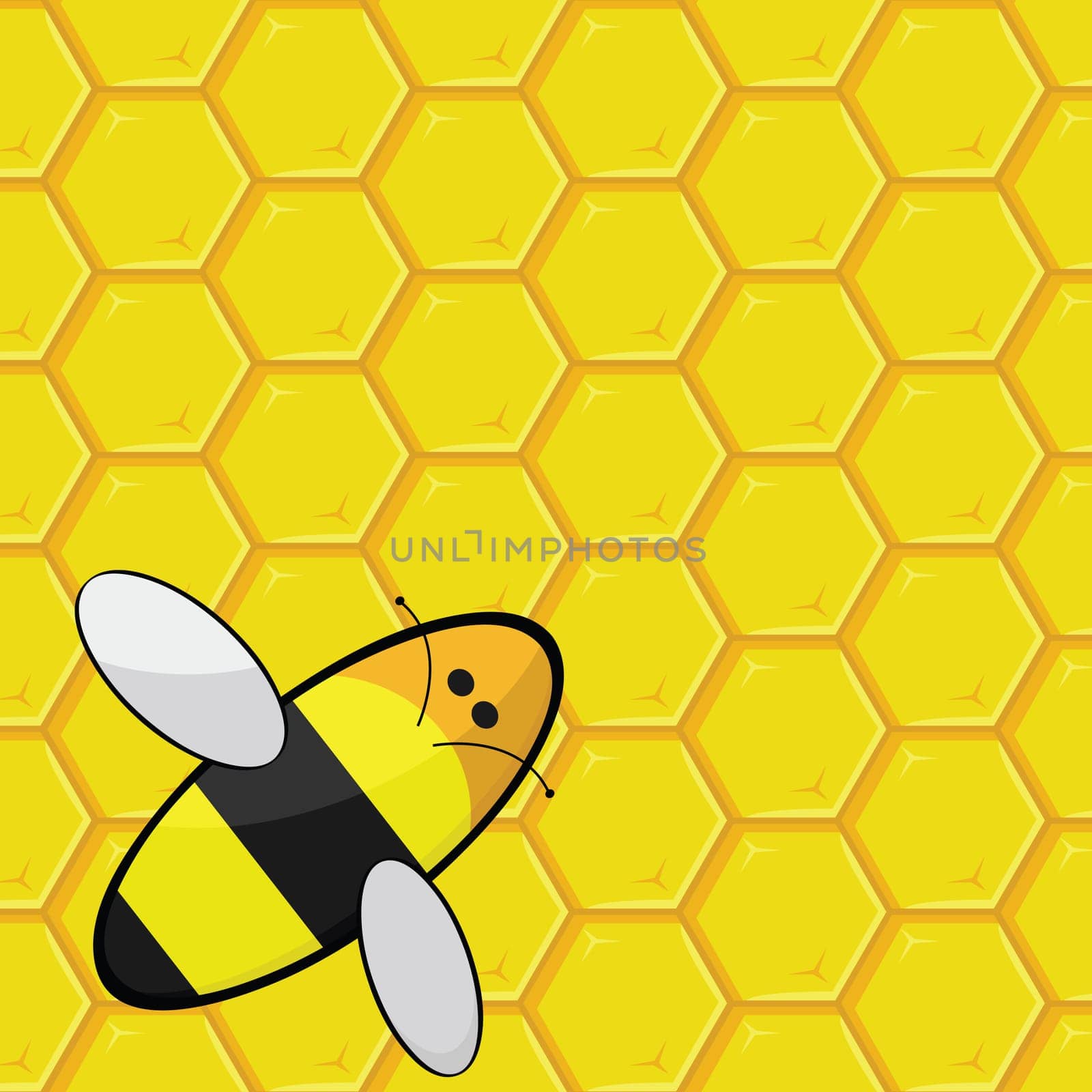Cartoon illustration showing a bee over a honeycomb