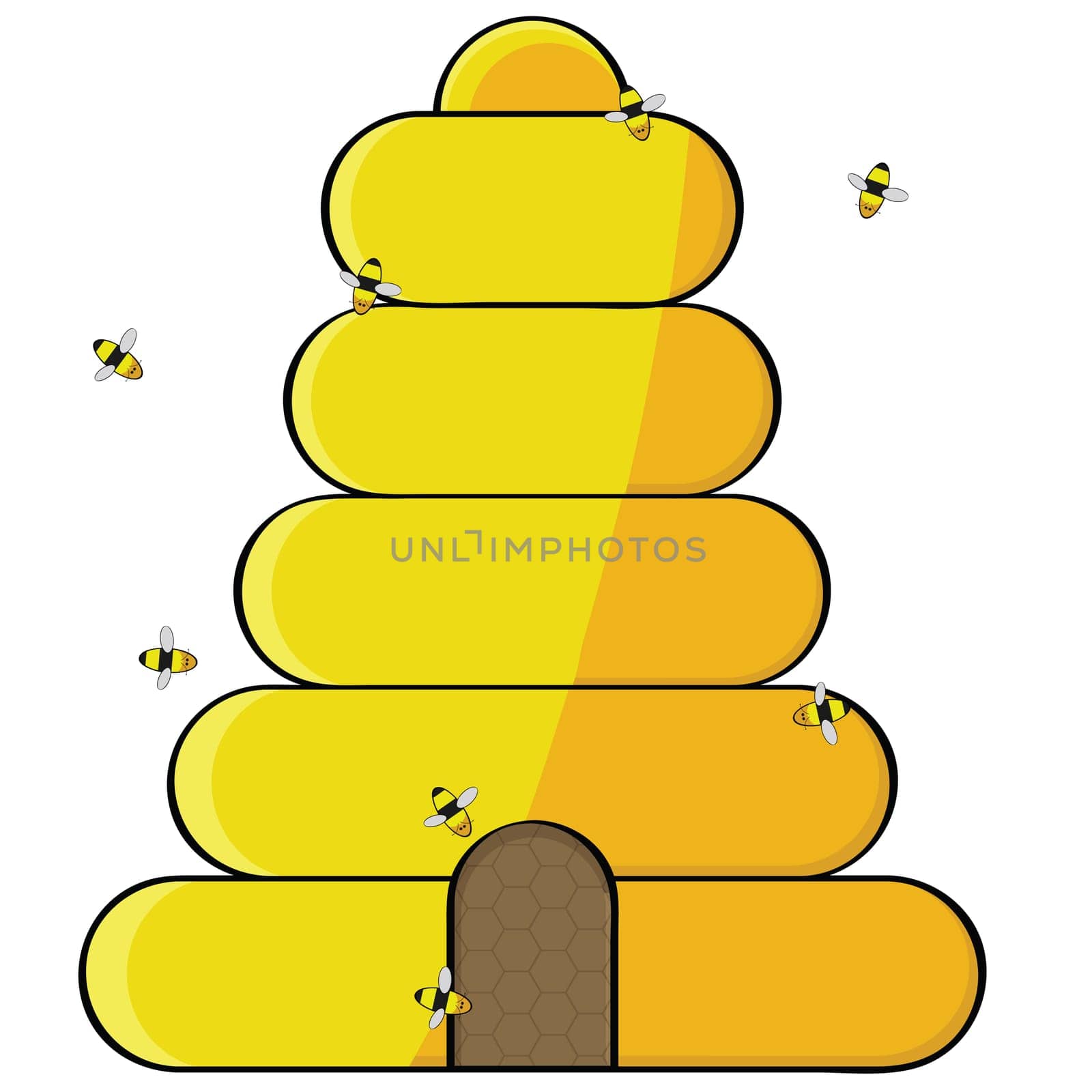 Cartoon illustration showing bees flying towards the opening of a beehive