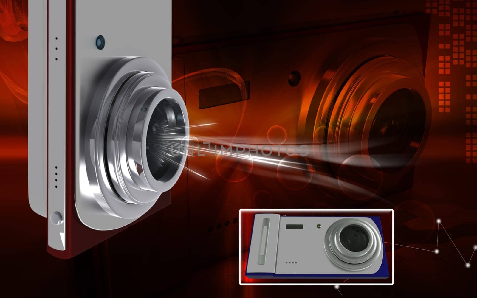 Digital illustration of camera in colour background