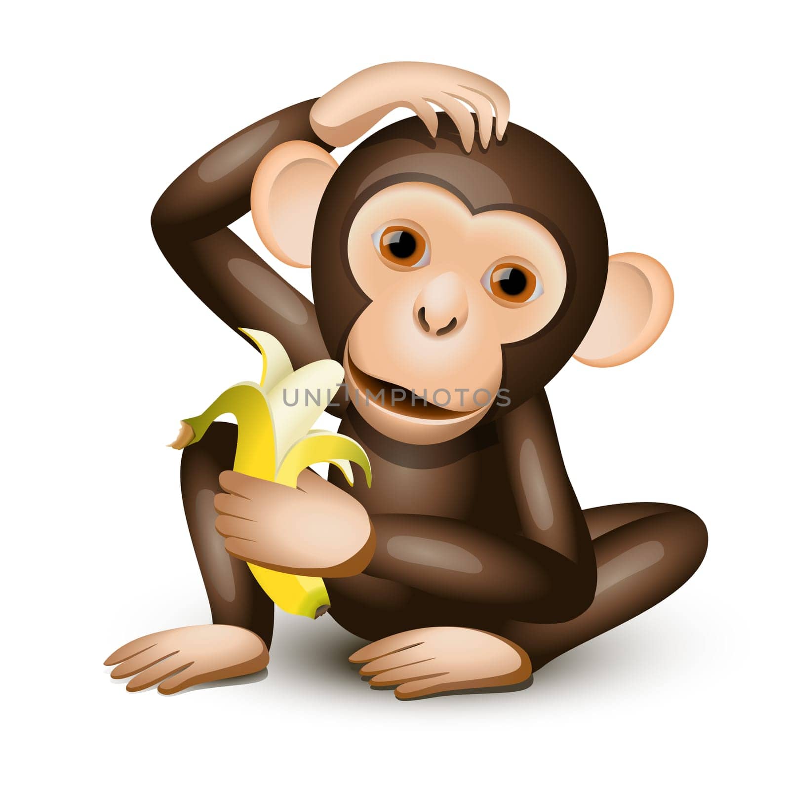 Little monkey holding a banana isolated on white