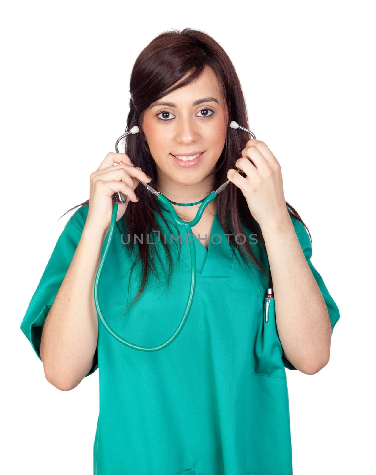 Attractive brunette doctor isolated on a over white background