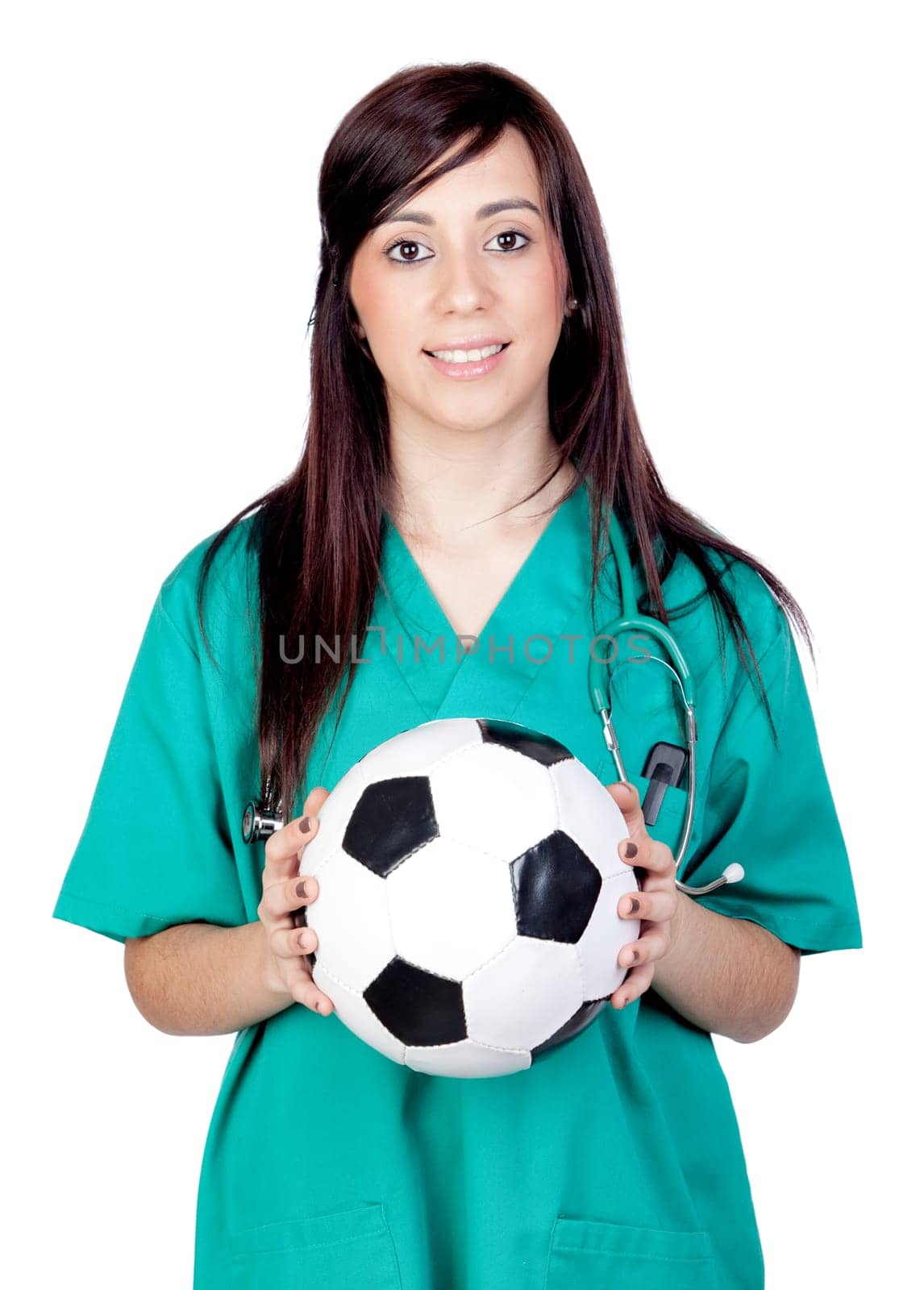 Attractive brunette doctor with soccer ball isolated on a over white background