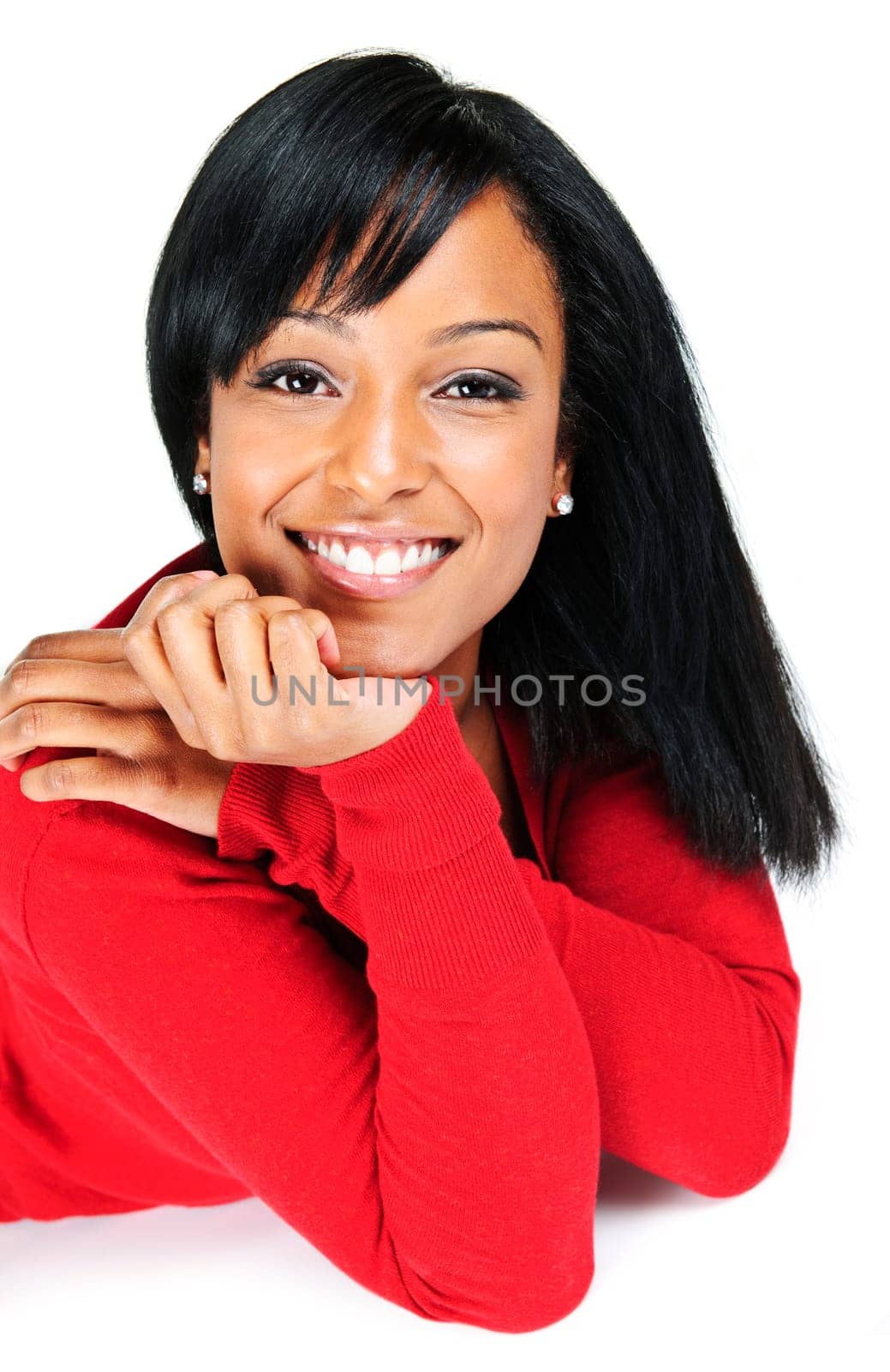 Portrait of black woman smiling laying isolated on white background