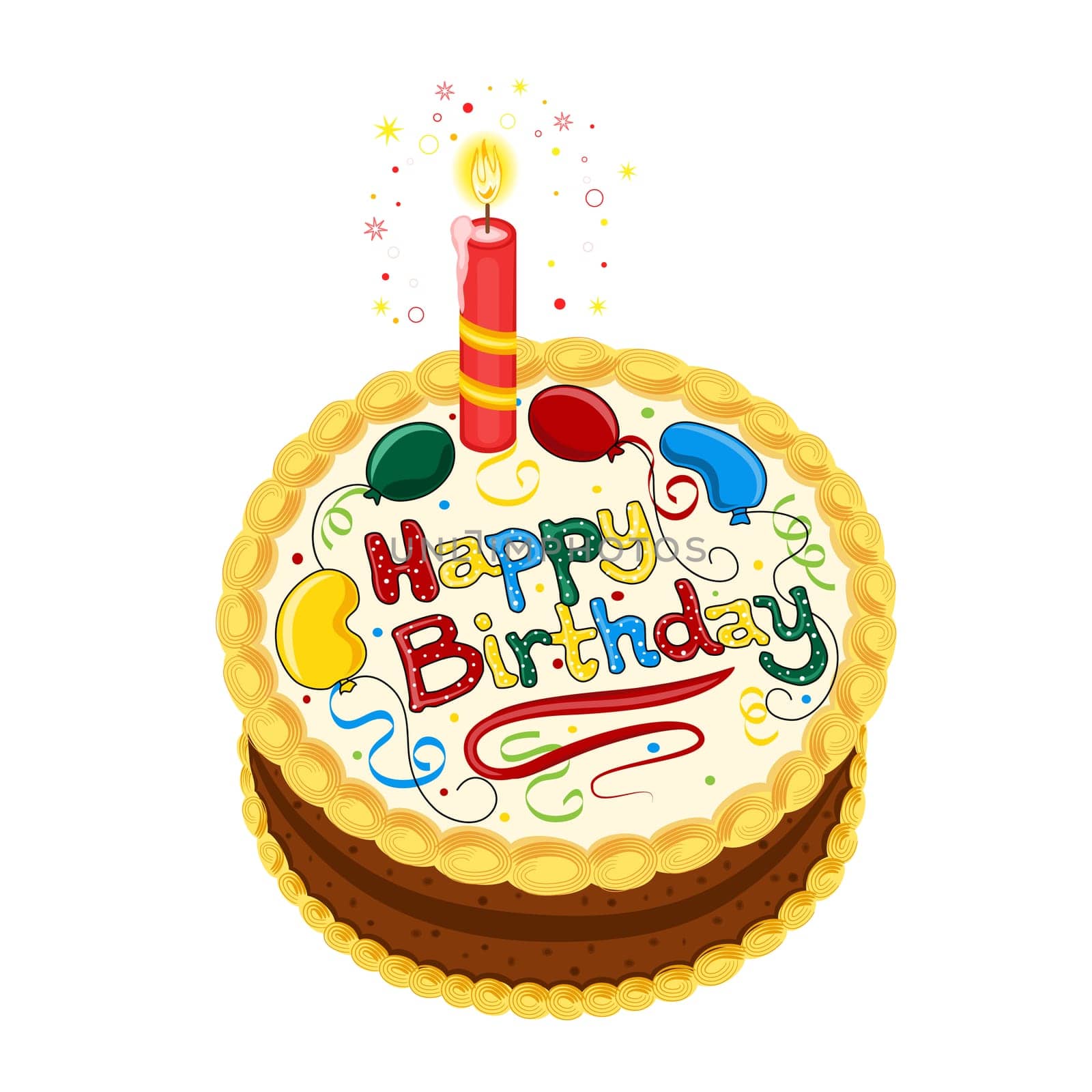 Happy Birthday chocolate cake with candle. Isolated on white background.