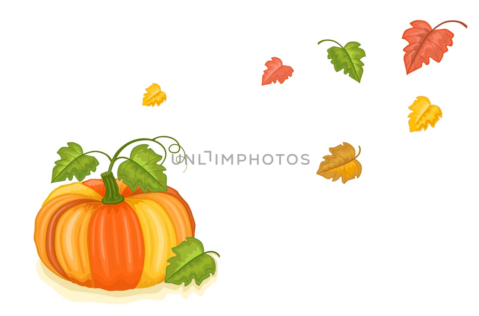 Autumn harvest with tasty pumpkin and falling leaves. Isolated over white background.