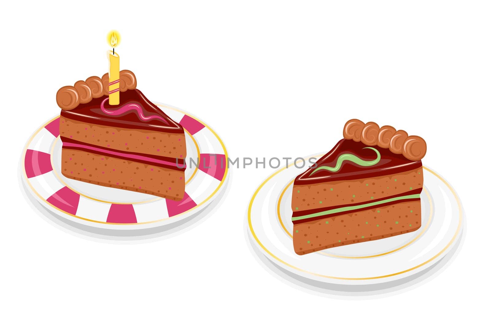 Two slices of festive birthday chocolate cakes. With mint and strawberry flavours and golden candle. Isolated on white background.