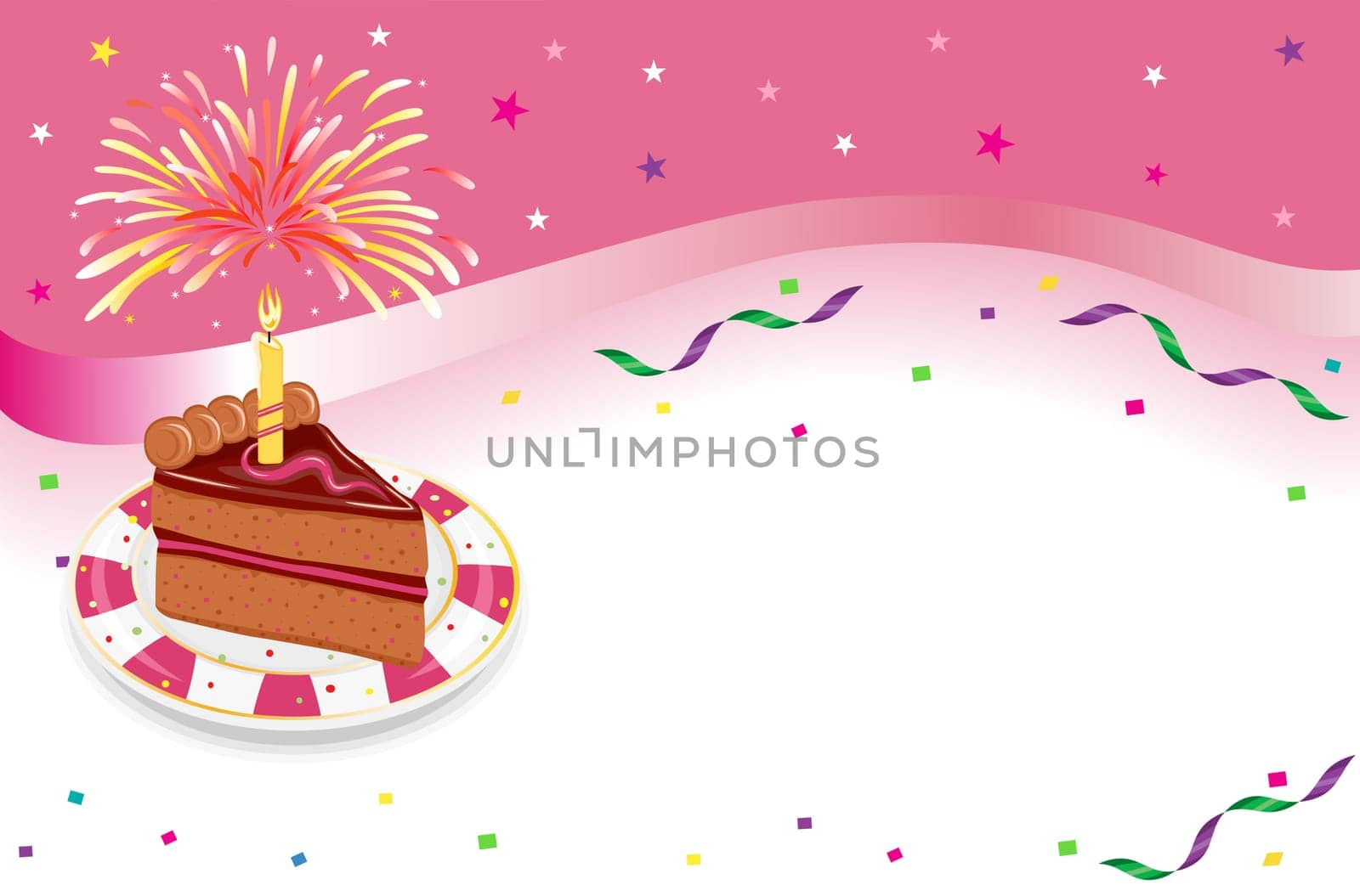 Happy Birthday - party celebration with festive cake, glowing candle and fireworks. Over white background with room for your text.