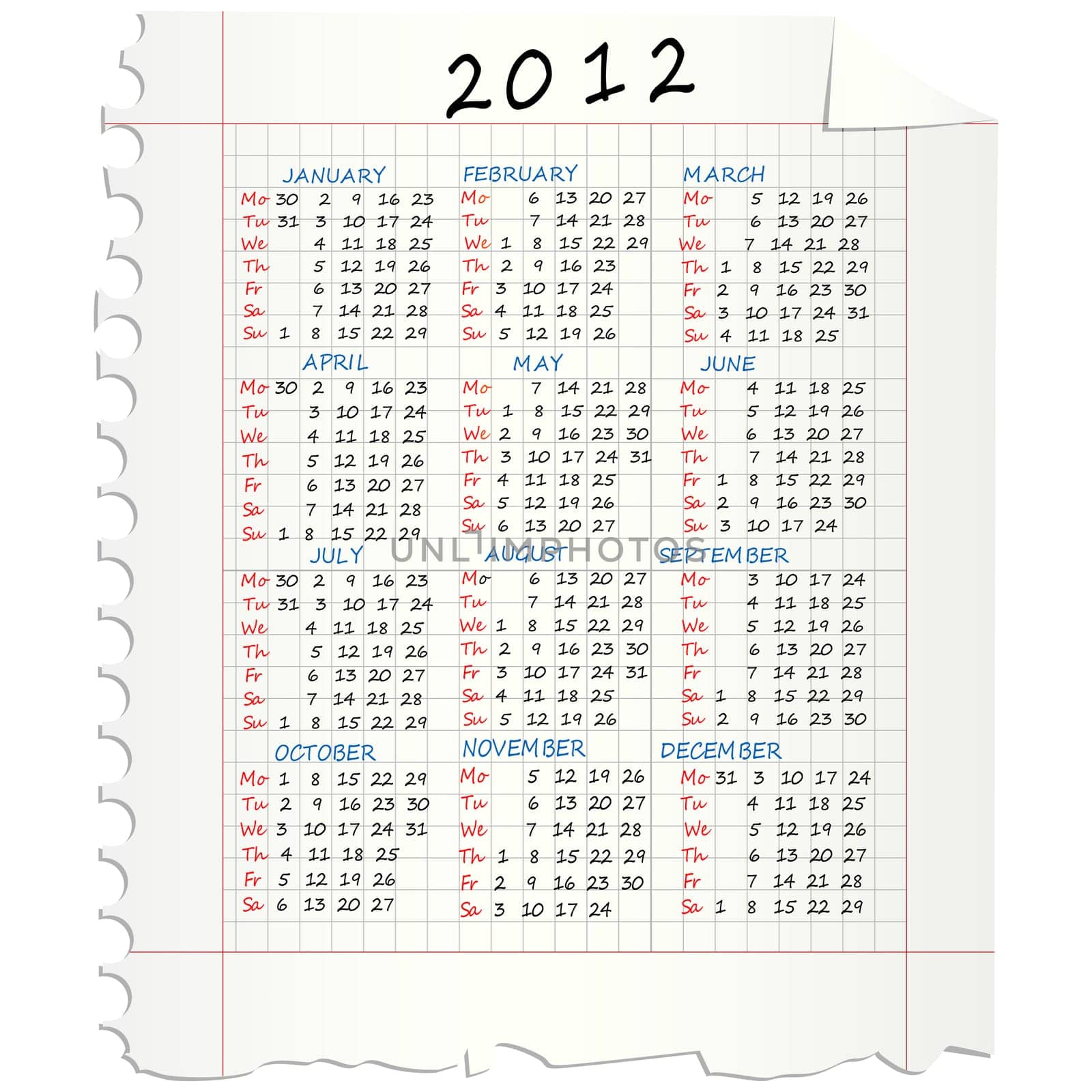 2012 Calendar on a squared mathematical paper