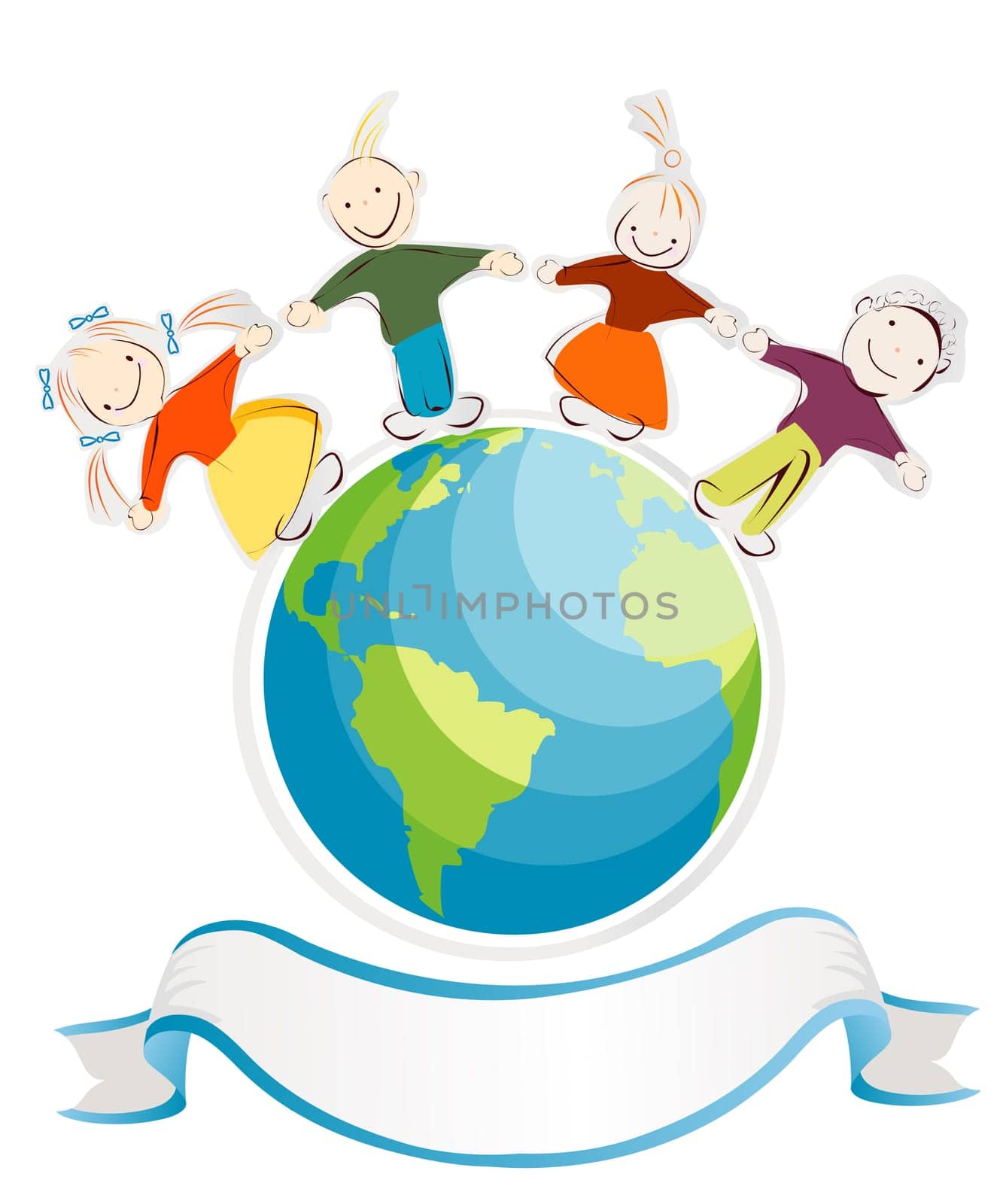 Children and the world and a banner for text. Isolated objects over white