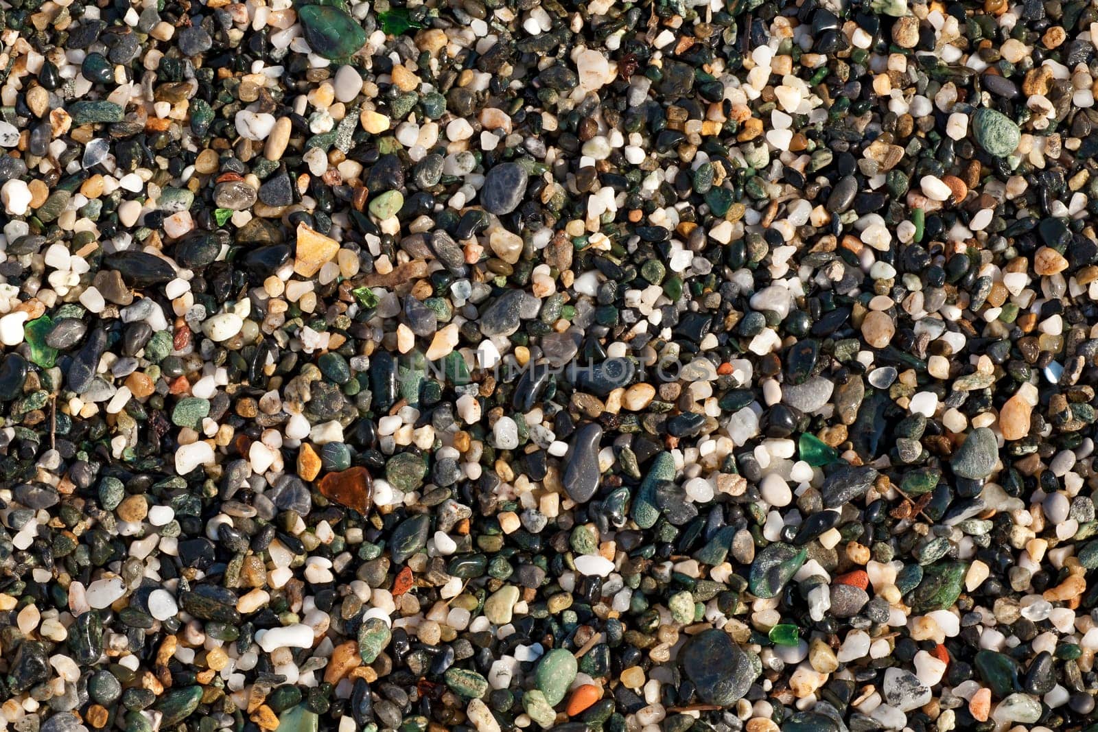 Closeup on wet gravel along the seashore. Small peaces of smooth colored glass are visible too.