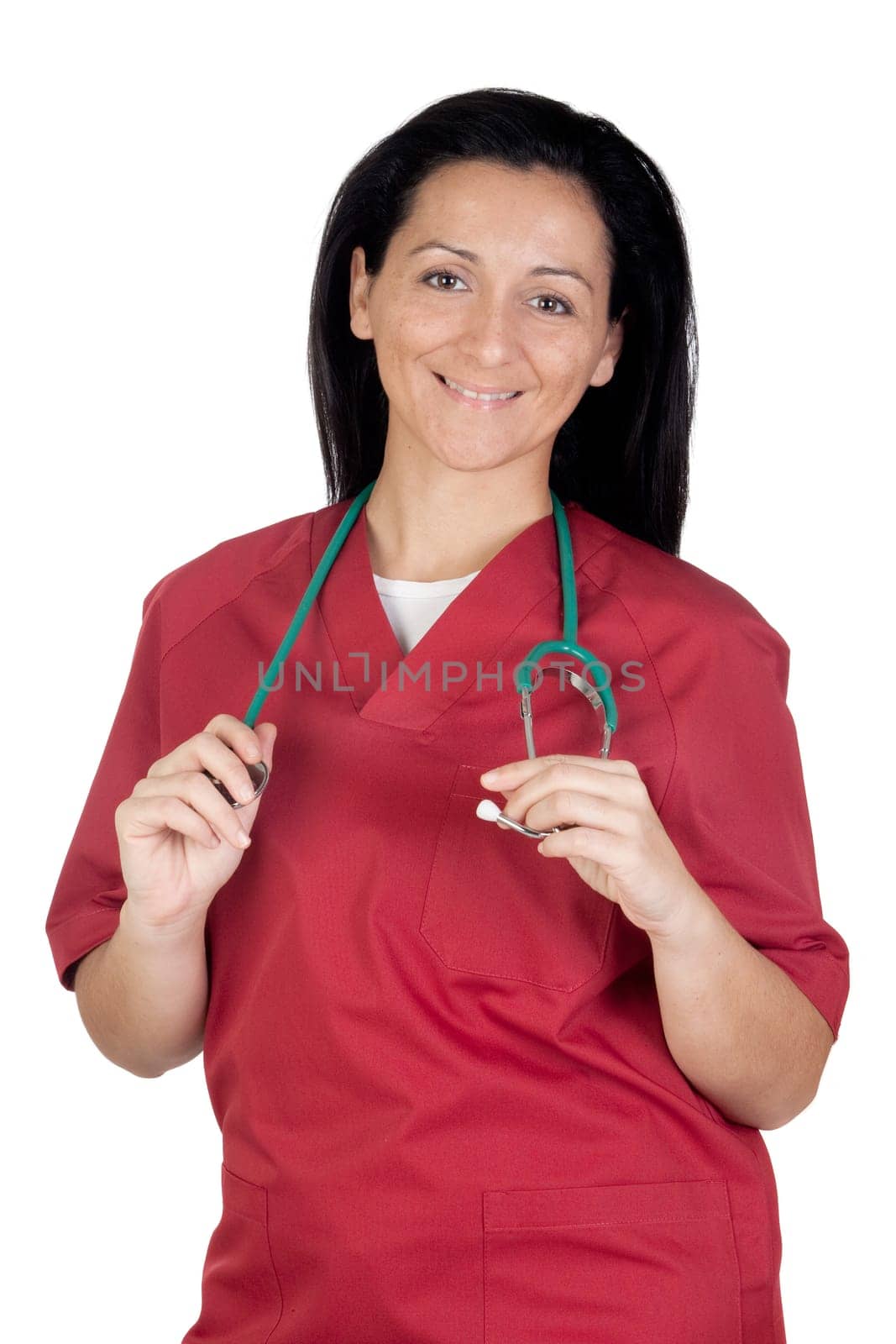 Happy doctor woman with burgundy clothing isolated on white background
