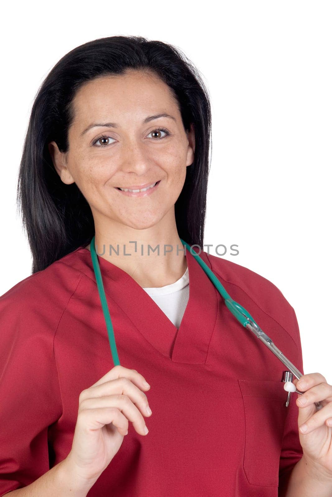 Happy doctor woman with burgundy clothing isolated on white background