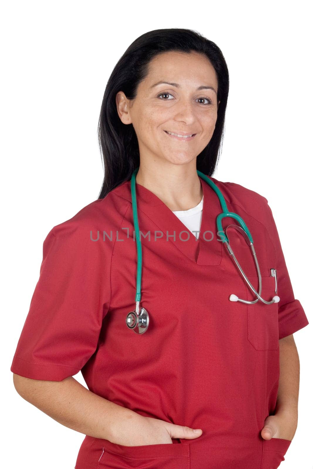 Happy doctor woman with burgundy clothing isolated on white background