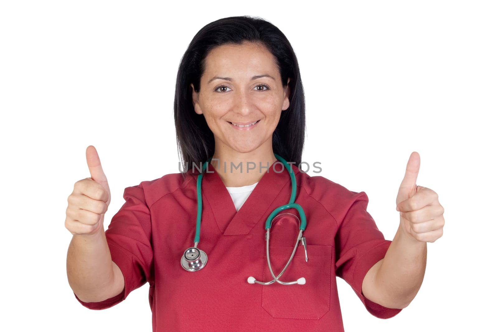 Happy doctor woman saying OK isolated on white background