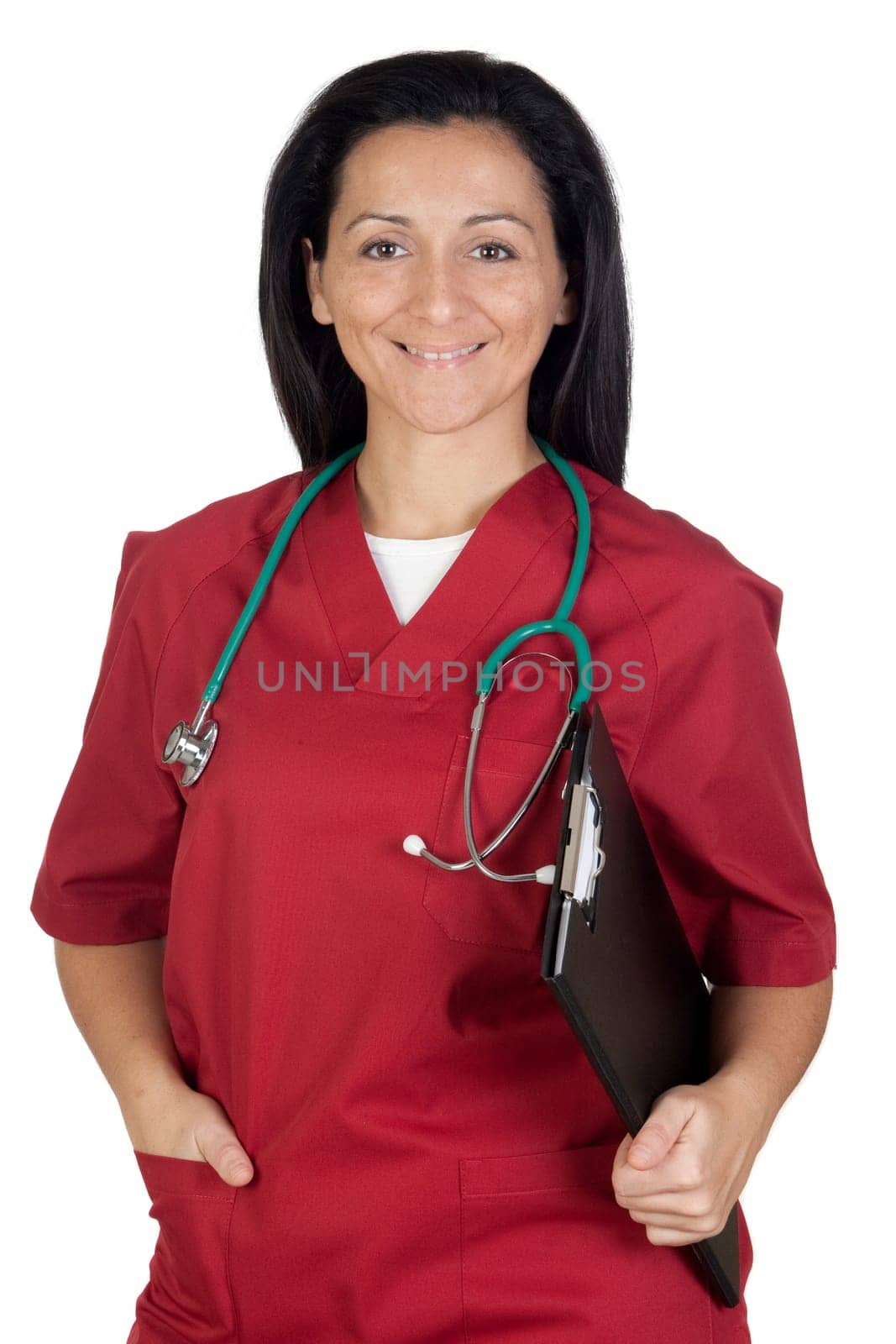 Happy doctor woman with burgundy clothing isolated on white background