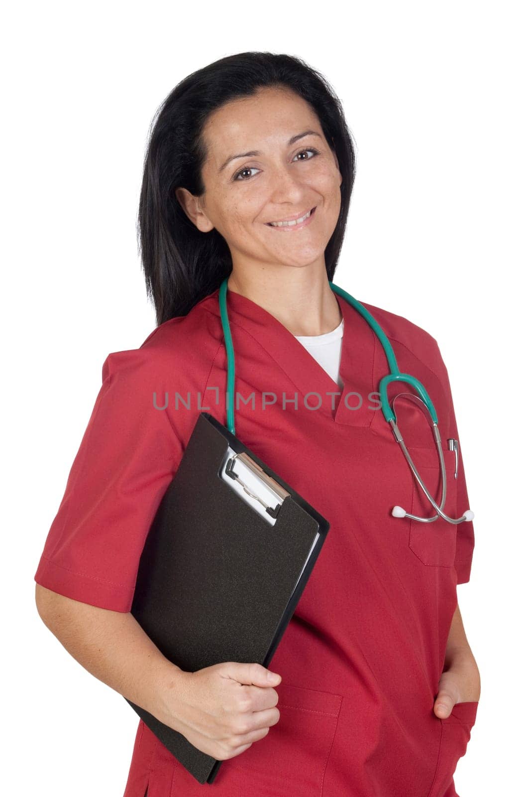 Happy doctor woman with burgundy clothing isolated on white background