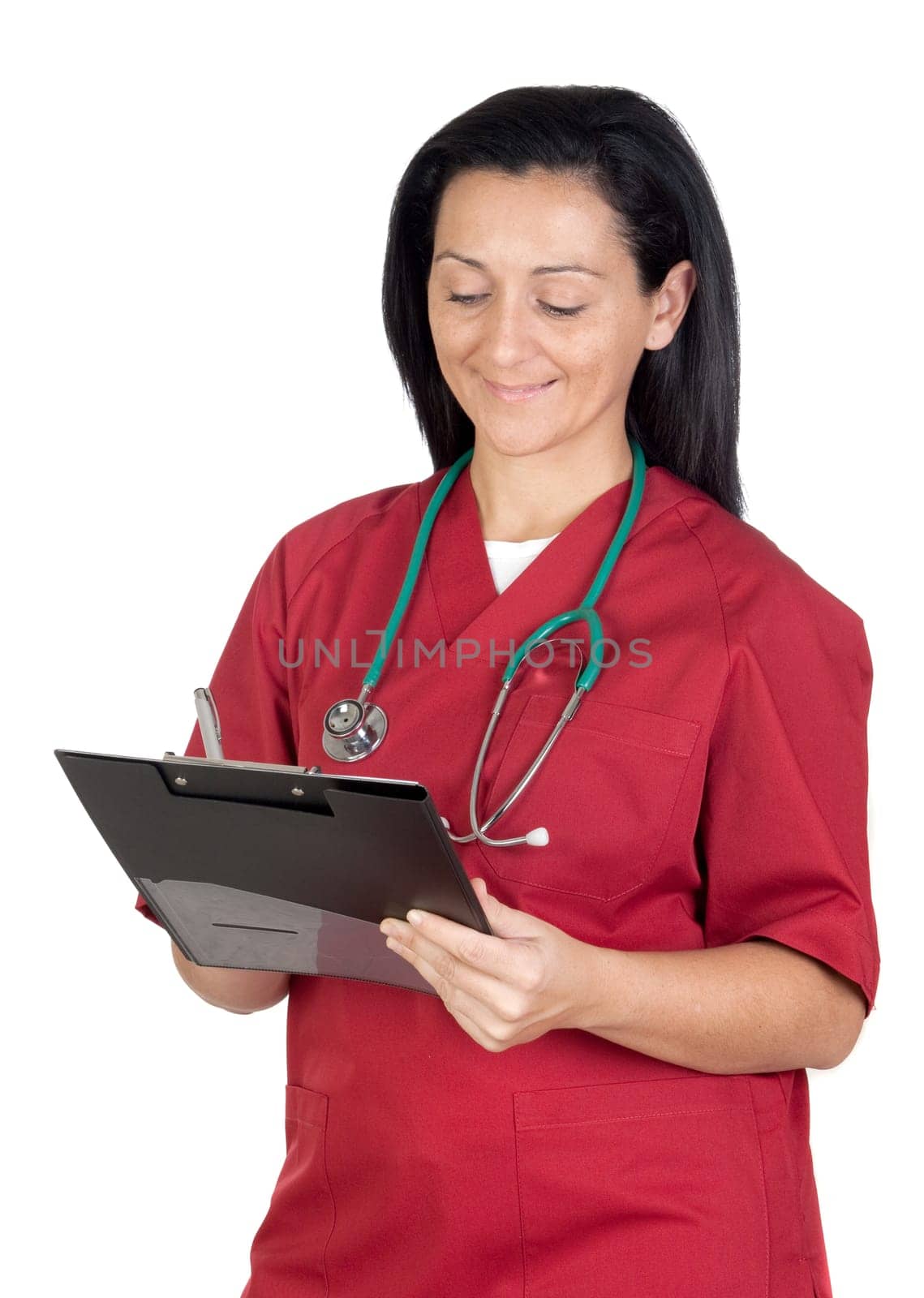Happy doctor woman with clipboard isolated on white background