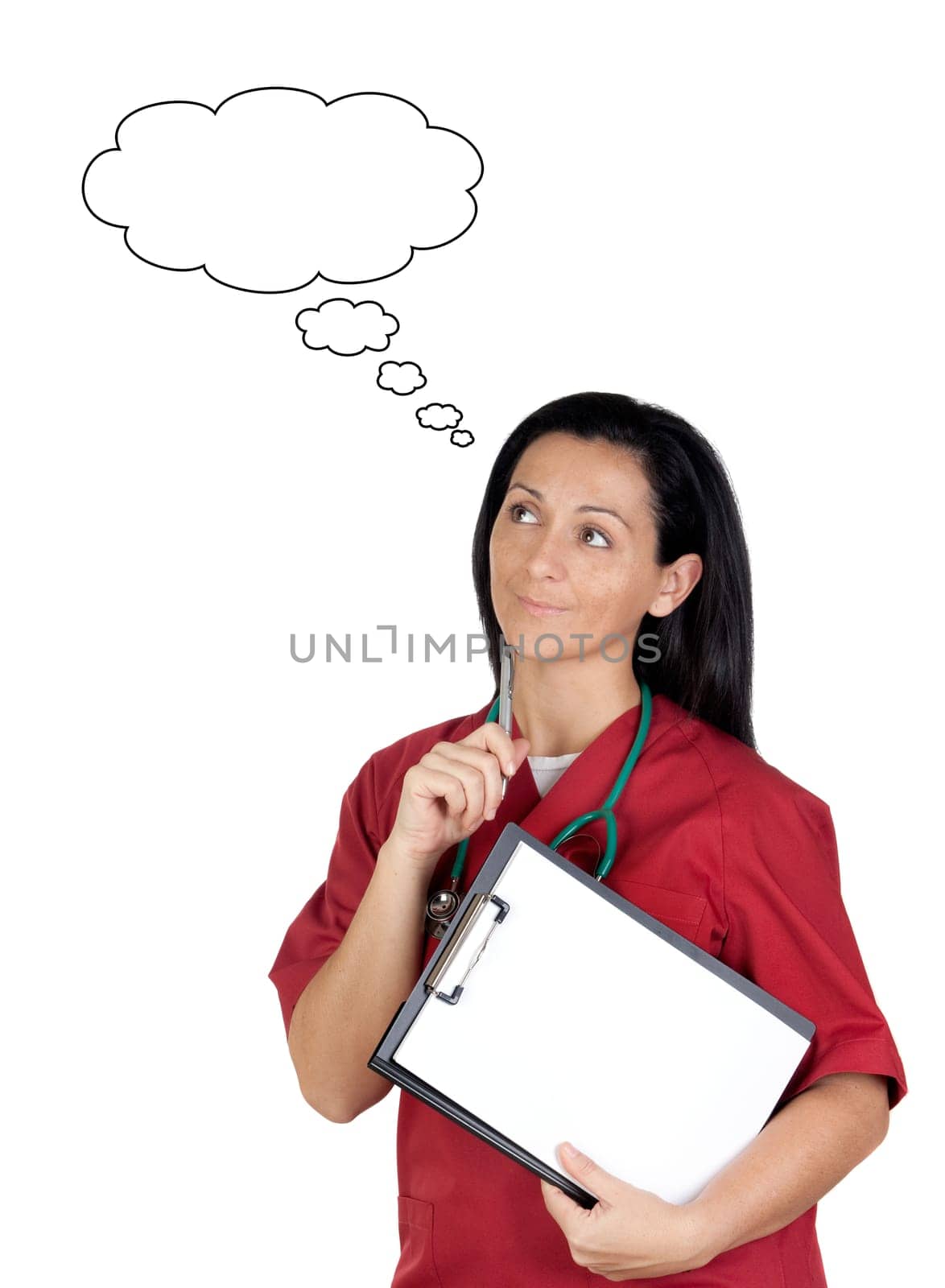 Happy doctor woman with clipboard in blank thinking isolated on white background