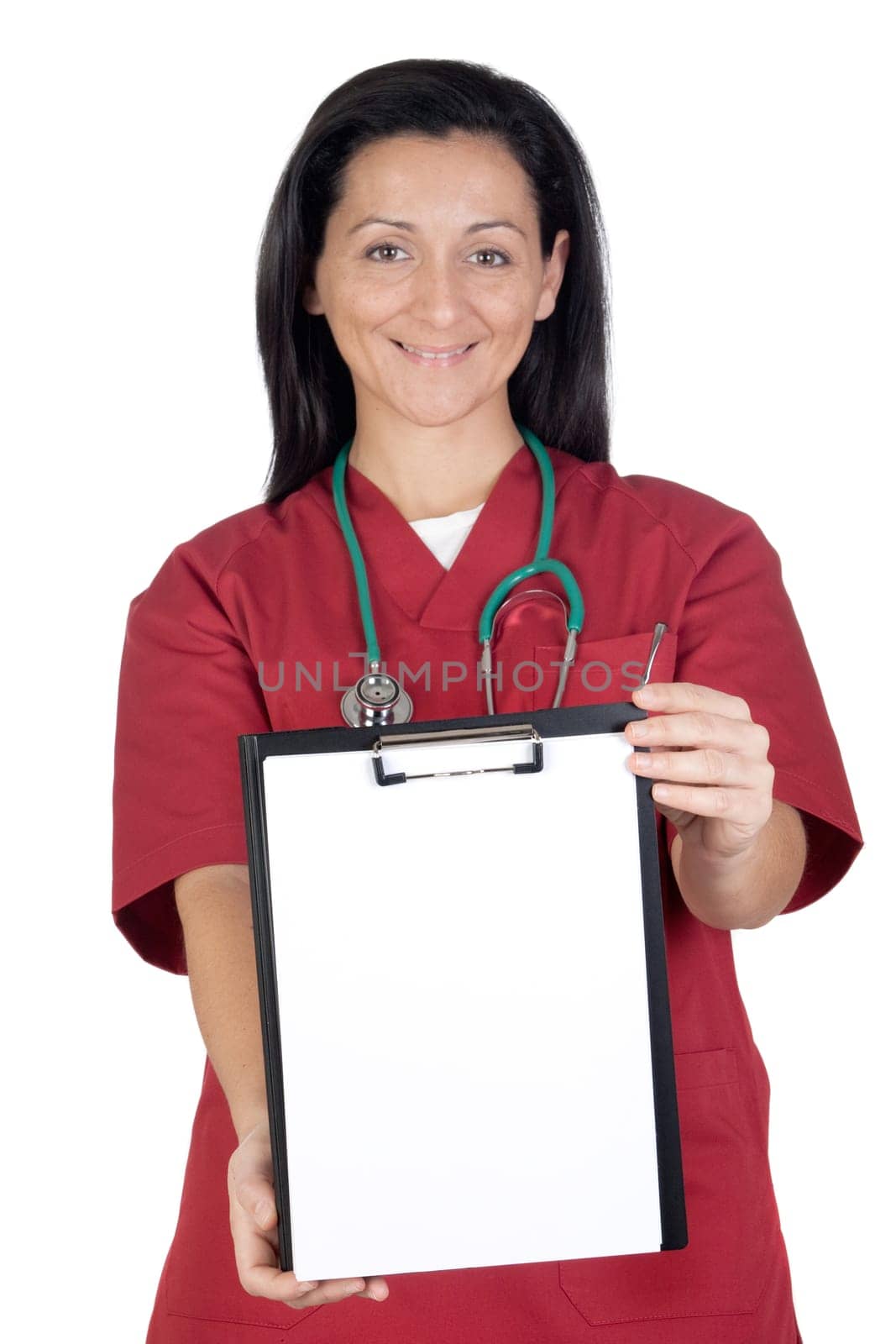 Happy doctor woman with clipboard in blank isolated on white background