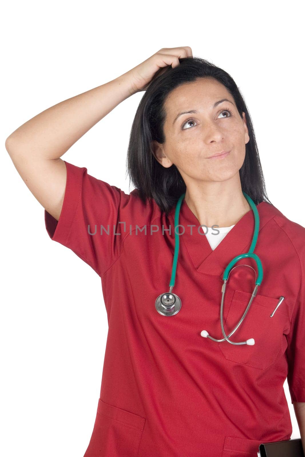 Happy doctor woman with burgundy clothing thinking isolated on white background
