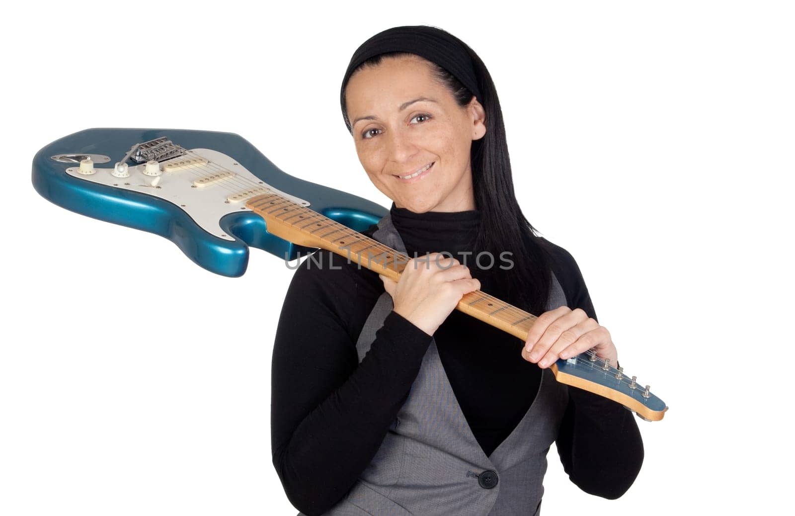 Girl with electric guitar isolated on white background