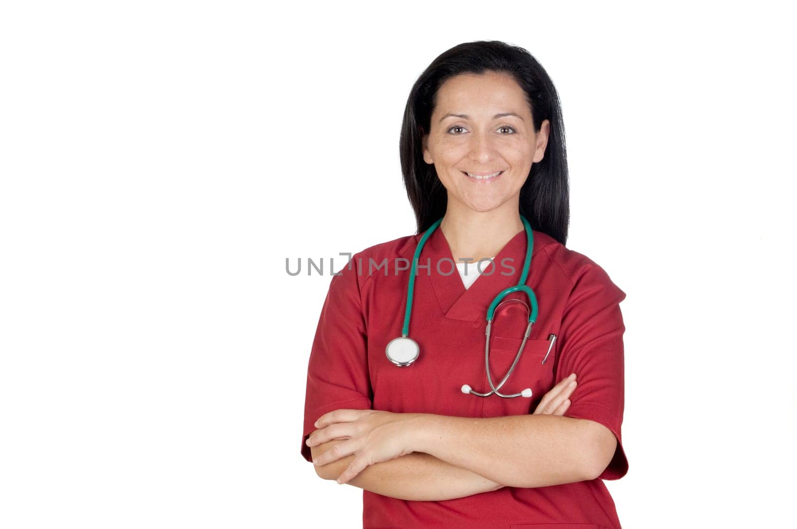 Happy doctor woman with burgundy clothing isolated on white background
