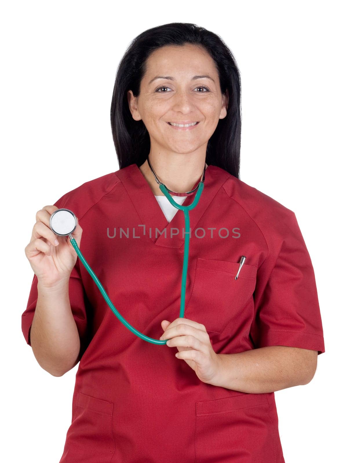 Happy doctor woman listening with stethoscope isolated on white background
