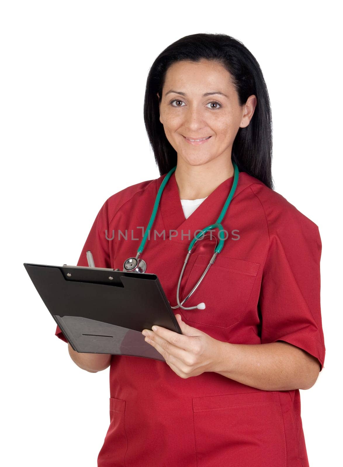 Happy doctor woman with clipboard isolated on white background