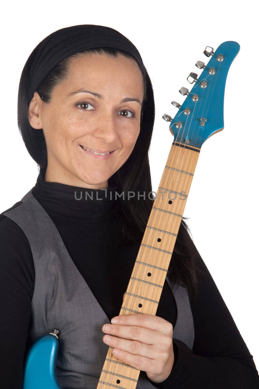 Girl with electric guitar isolated on white background