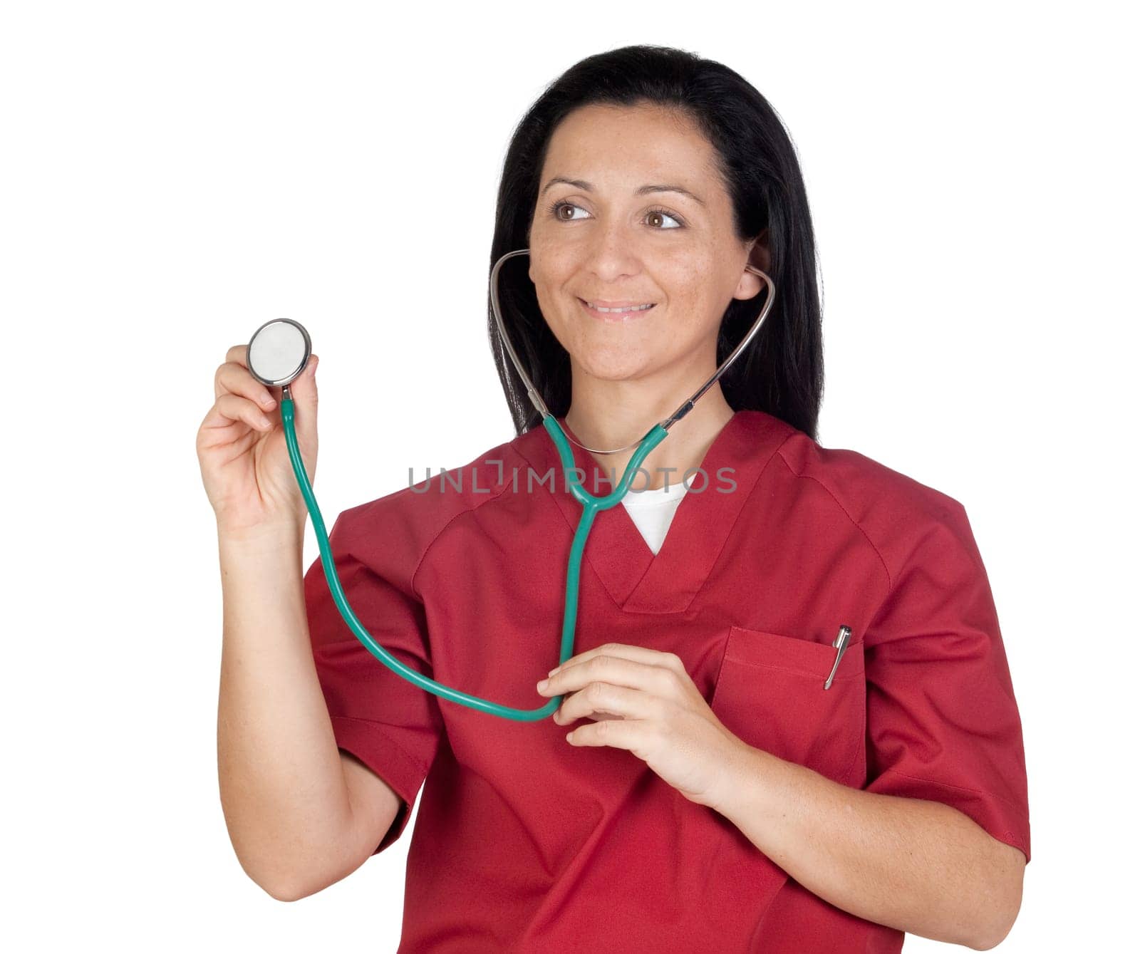 Happy doctor woman listening with stethoscope isolated on white background