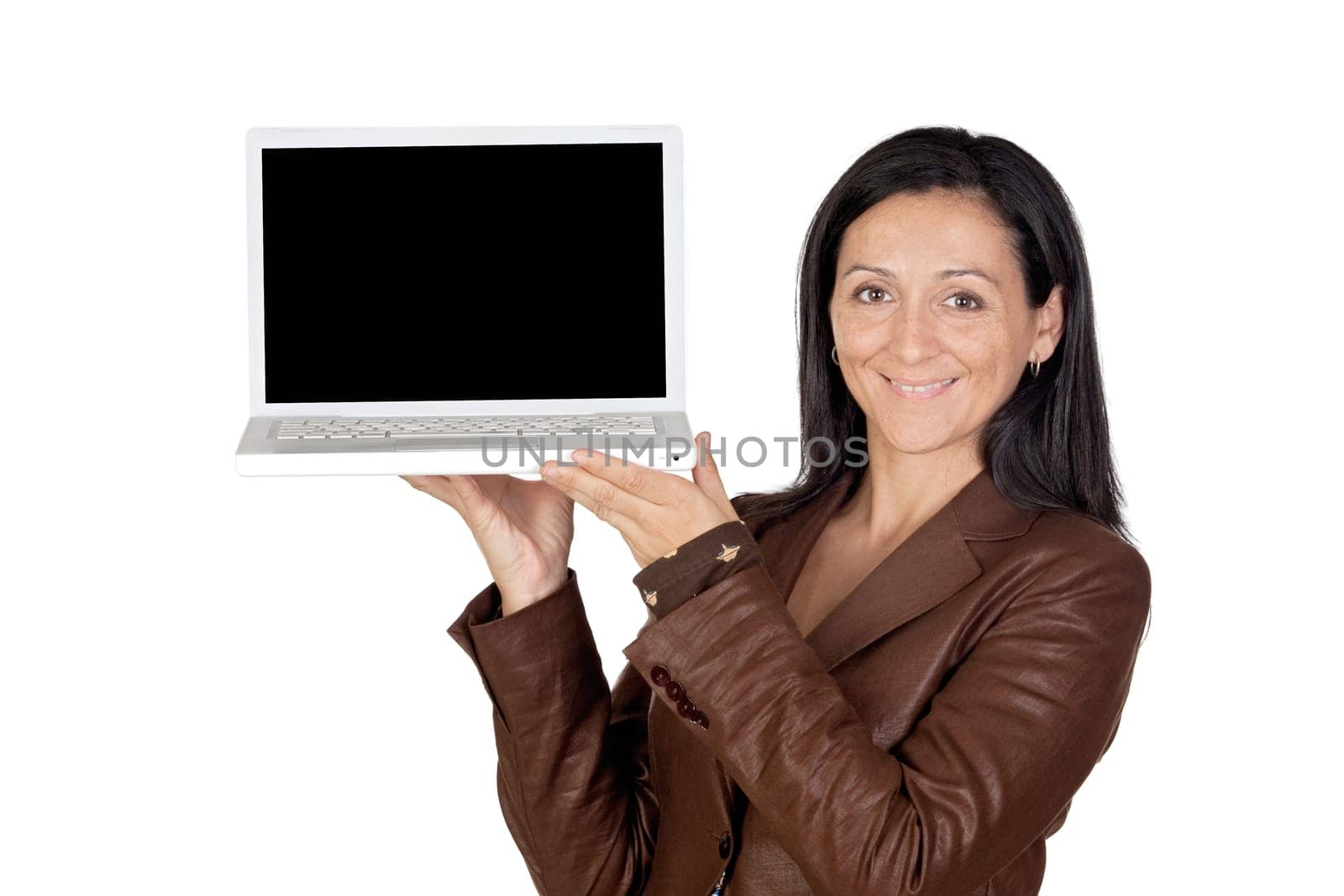 Brunette girl with laptop isolated on white background