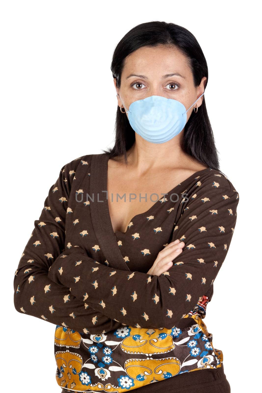 Worried girl with mask isolated over white