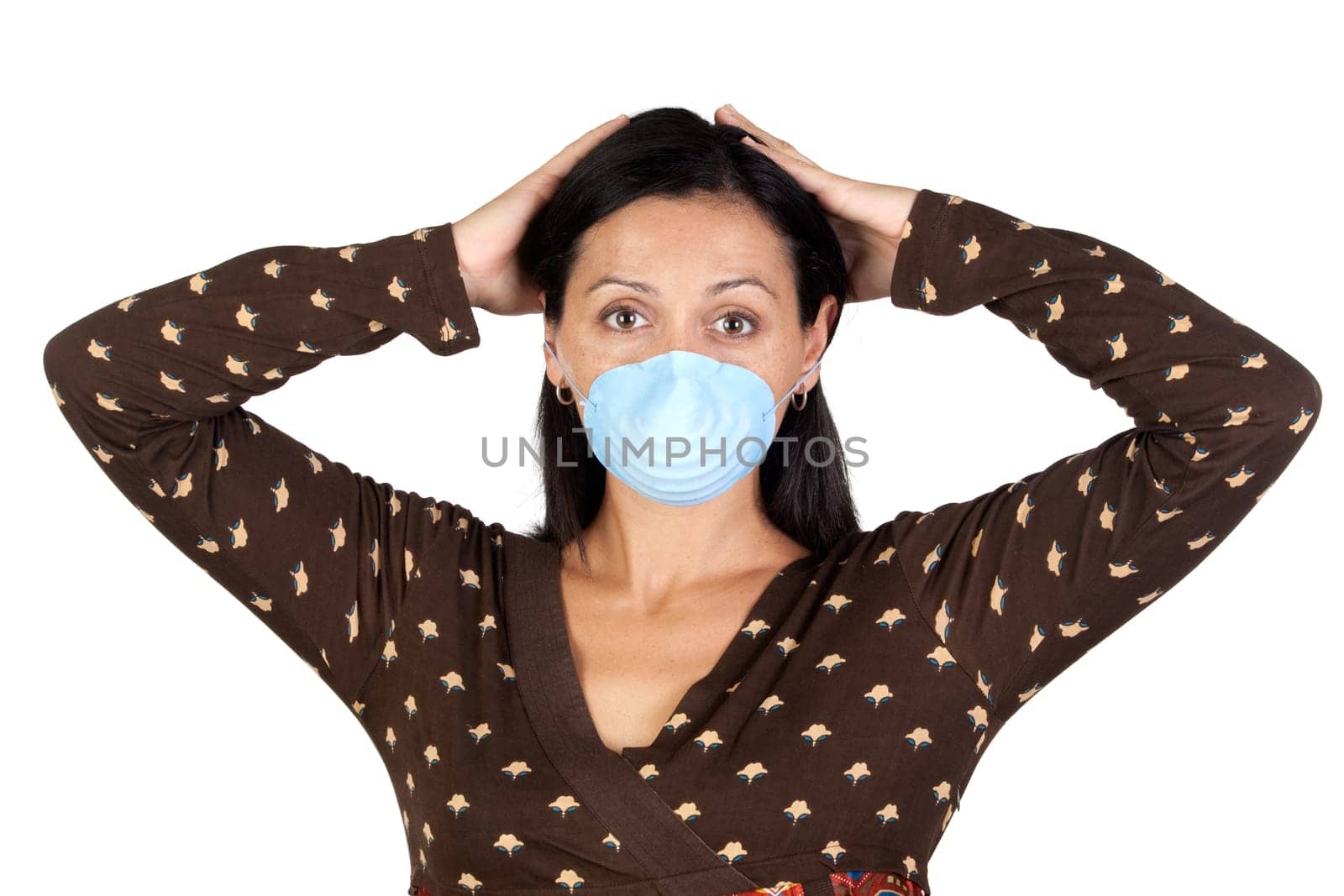 Worried girl with mask isolated over white