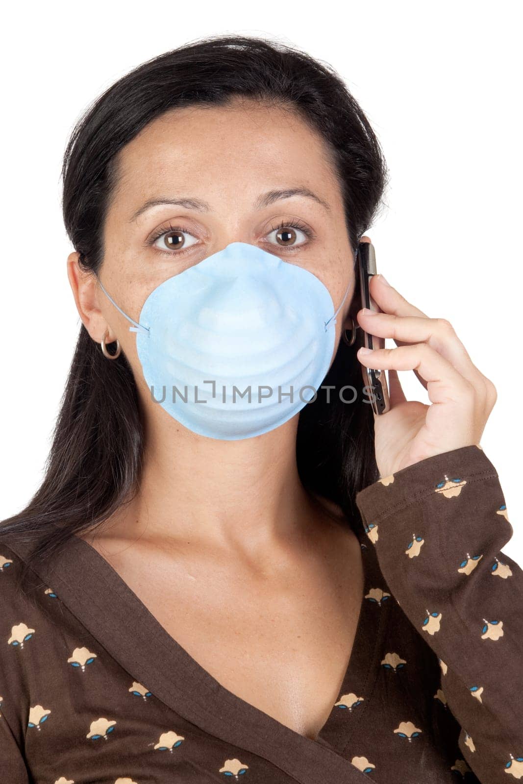 Brunette girl with mask isolated over white