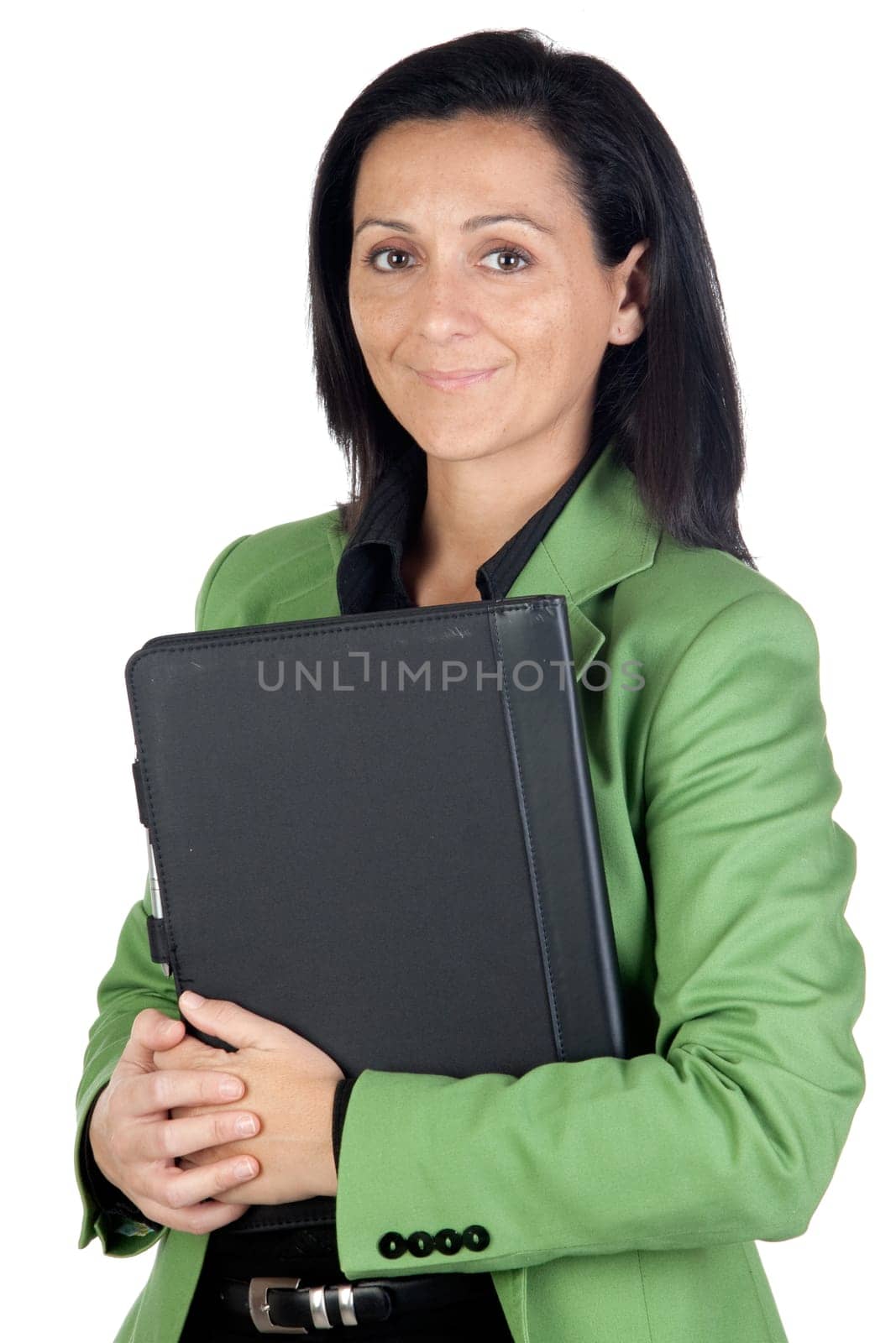Businesswoman with green jacket isolated on a over white background