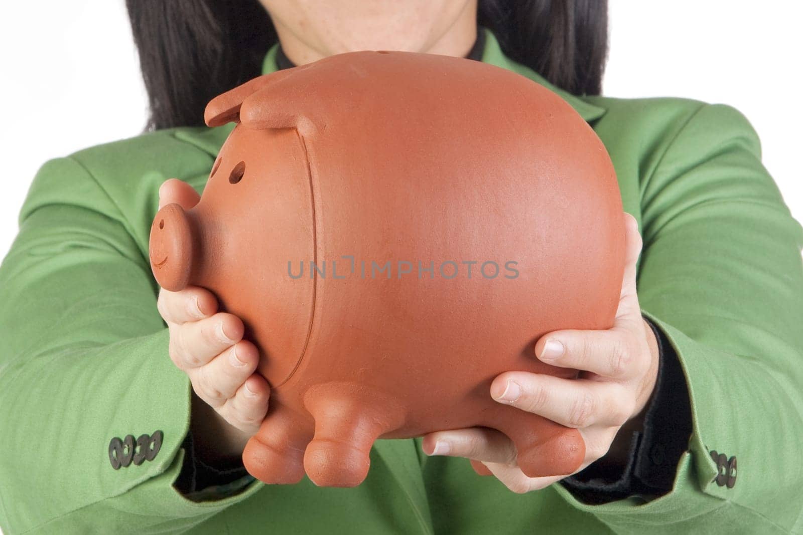Businesswoman with a moneybox isolated on white background