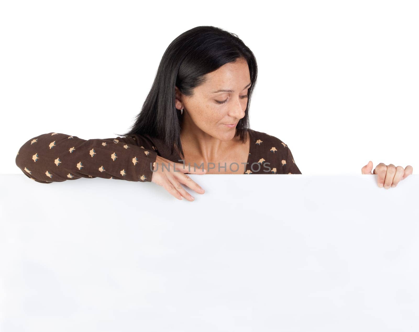 Attractive girl with blank poster isolated on white background